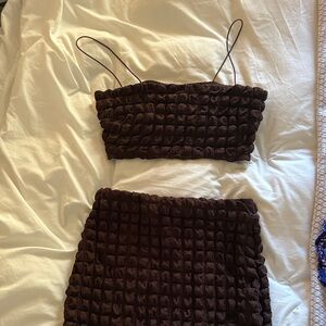 Brown Textured Skirt Set